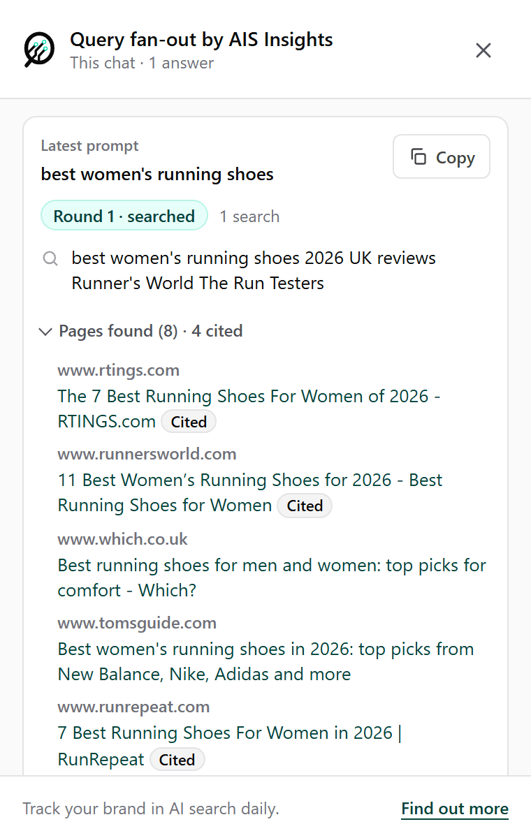 The tool open on a ChatGPT answer: its one search in round 1, then the eight pages it found, four of them marked Cited.